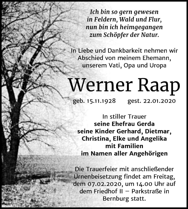  Traueranzeige für Werner Raap vom 01.02.2020 aus Super Sonntag Bernburg