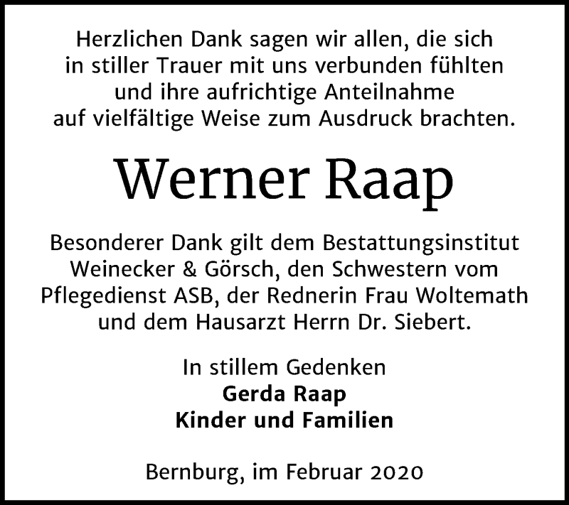  Traueranzeige für Werner Raap vom 15.02.2020 aus Mitteldeutsche Zeitung Bernburg