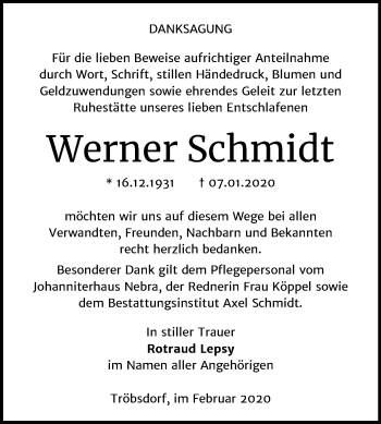 Traueranzeige von Werner Schmidt von Wochenspiegel Naumburg/Nebra