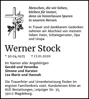 Traueranzeige von Werner Stock von Super Sonntag Quedlinburg