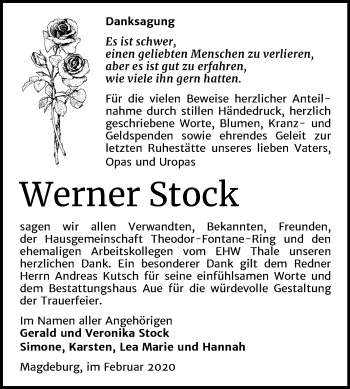 Traueranzeige von Werner Stock von Super Sonntag Quedlinburg