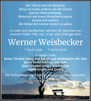 Traueranzeige von Werner Weisbecker von Mitteldeutsche Zeitung Quedlinburg