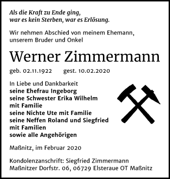 Traueranzeige von Werner Zimmermann von Super Sonntag Zeitz
