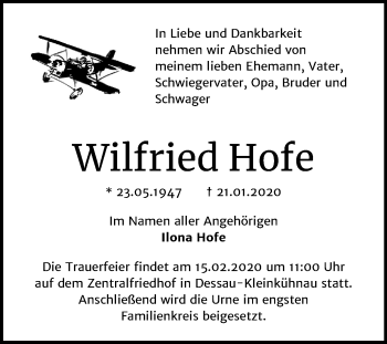 Traueranzeige von Wilfried Hofe von Super Sonntag Dessau-Roßlau