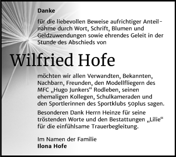 Traueranzeige von Wilfried Hofe von Super Sonntag Dessau-Roßlau