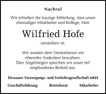 Traueranzeige von Wilfried Hofe von Mitteldeutsche Zeitung Dessau-Roßlau