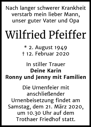 Traueranzeige von Wilfried Pfeiffer von Mitteldeutsche Zeitung Halle/Saalkreis