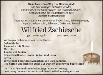 Traueranzeige von Wilfried Zschiesche von Super Sonntag Köthen