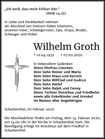 Traueranzeige von Wilhelm Groth von Mitteldeutsche Zeitung Aschersleben