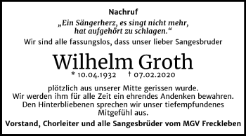Traueranzeige von Wilhelm Groth von Super Sonntag Aschersleben