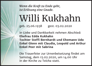 Traueranzeige von Willi Kukhahn von Mitteldeutsche Zeitung Halle/Saalkreis