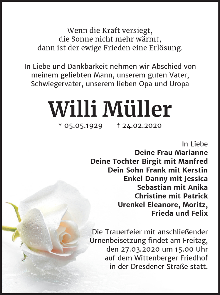  Traueranzeige für Willi Müller vom 29.02.2020 aus Super Sonntag Wittenberg