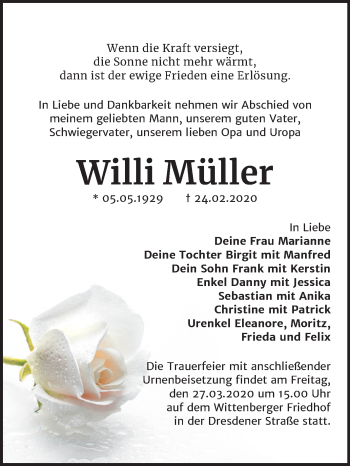 Traueranzeige von Willi Müller von Mitteldeutsche Zeitung Wittenberg