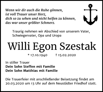 Traueranzeige von Willi Egon Szestak von Mitteldeutsche Zeitung Halle/Saalkreis