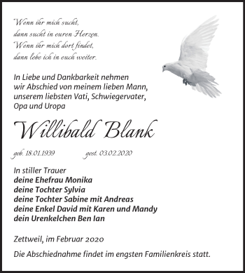 Traueranzeige von Willibald Blank von Mitteldeutsche Zeitung Zeitz