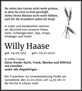 Traueranzeige von Willy Haase von Super Sonntag Merseburg/Querfurt