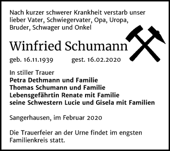 Traueranzeige von Winfried Schumann von Super Sonntag Sangerhausen