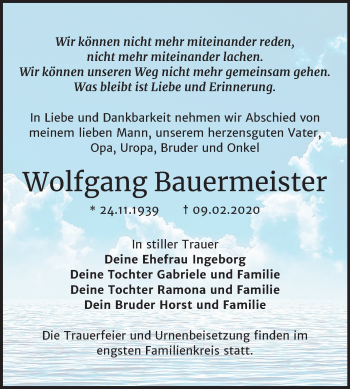 Traueranzeige von Wolfgang Bauermeister von Super Sonntag Köthen