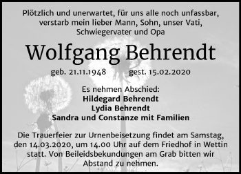 Traueranzeige von Wolfgang Behrendt von Mitteldeutsche Zeitung Halle/Saalkreis