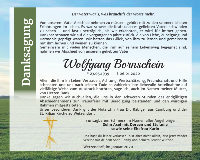  Traueranzeige für Wolfgang Bornschein vom 22.02.2020 aus Super Sonntag Naumburg/Nebra