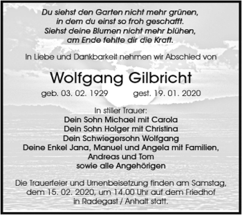 Traueranzeige von Wolfgang Gilbricht von Mitteldeutsche Zeitung Köthen
