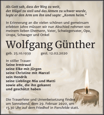Traueranzeige von Wolfgang Günther von Mitteldeutsche Zeitung Quedlinburg