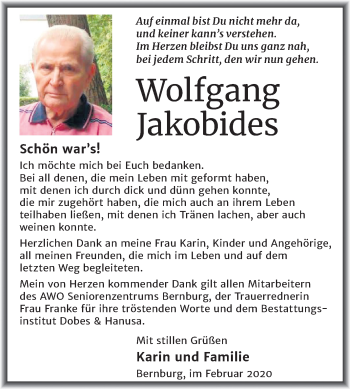 Traueranzeige von Wolfgang Jakobides von Super Sonntag Bernburg