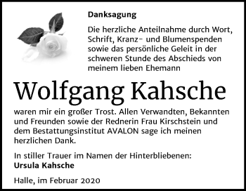 Traueranzeige von Wolfgang Kahsche von Mitteldeutsche Zeitung Halle/Saalkreis