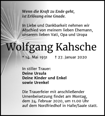 Traueranzeige von Wolfgang Kahsche von Mitteldeutsche Zeitung Halle/Saalkreis