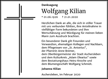 Traueranzeige von Wolfgang Kilian von Super Sonntag Aschersleben