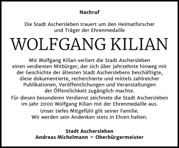 Traueranzeige von Wolfgang Kilian von Wochenspiegel Aschersleben