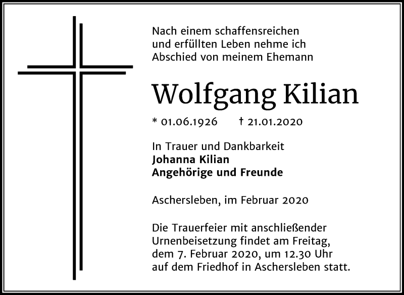 Traueranzeige für Wolfgang Kilian vom 01.02.2020 aus Super Sonntag Aschersleben