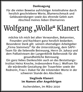 Traueranzeige von Wolfgang Klanert von Mitteldeutsche Zeitung Aschersleben