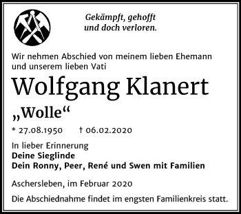 Traueranzeige von Wolfgang Klanert von Mitteldeutsche Zeitung Aschersleben
