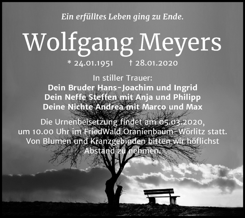  Traueranzeige für Wolfgang Meyers vom 22.02.2020 aus Super Sonntag Wittenberg