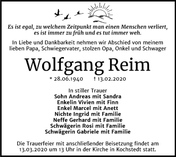 Traueranzeige von Wolfgang Reim von Super Sonntag Dessau-Roßlau