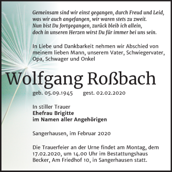 Traueranzeige von Wolfgang Roßbach von Super Sonntag Sangerhausen