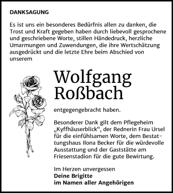 Traueranzeige von Wolfgang Roßbach von Super Sonntag Sangerhausen
