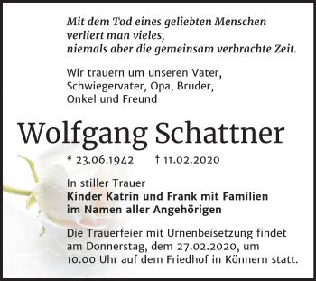 Traueranzeige von Wolfgang Schattner von Mitteldeutsche Zeitung Bernburg