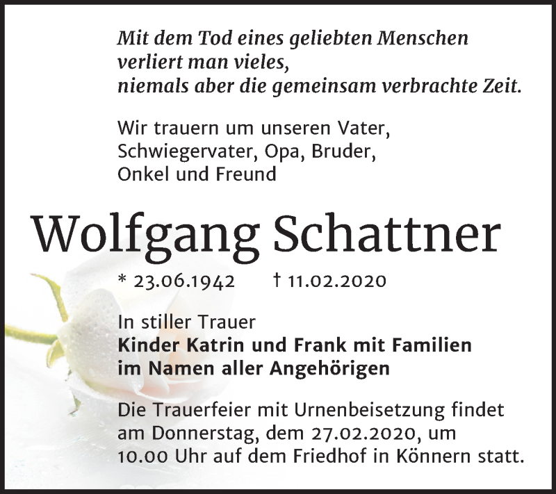  Traueranzeige für Wolfgang Schattner vom 22.02.2020 aus Super Sonntag Bernburg