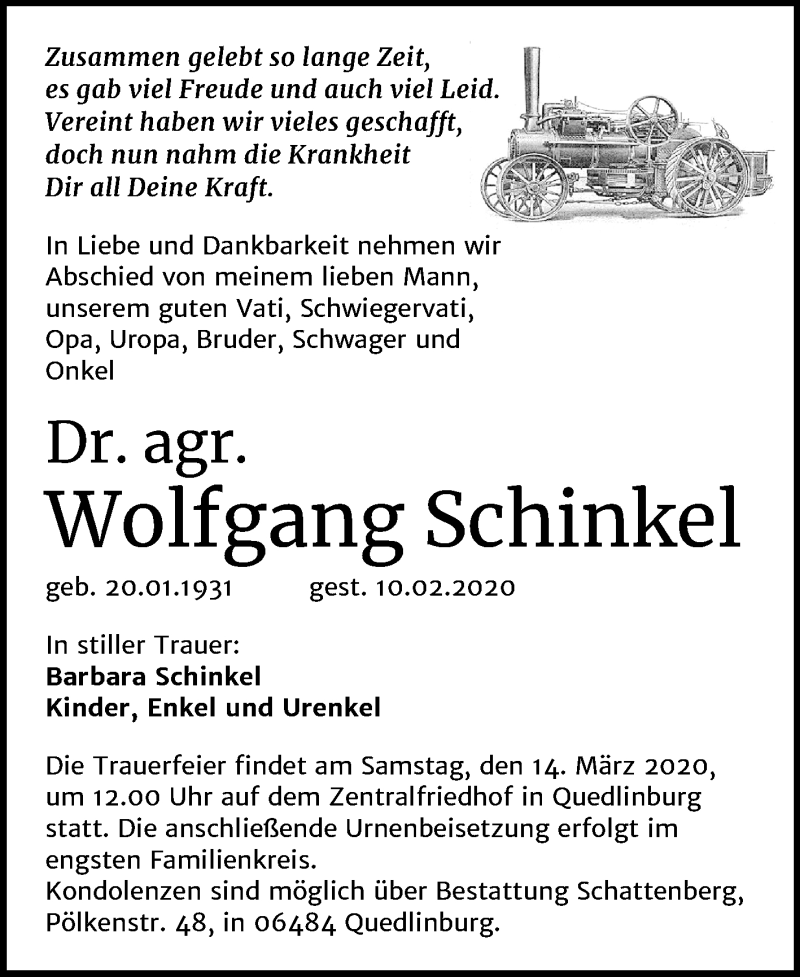 Traueranzeige für Wolfgang Schinkel vom 22.02.2020 aus Mitteldeutsche Zeitung Quedlinburg