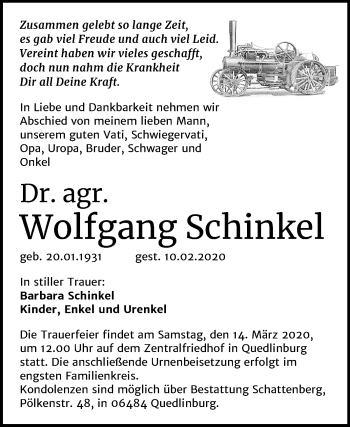 Traueranzeige von Wolfgang Schinkel von Super Sonntag Quedlinburg