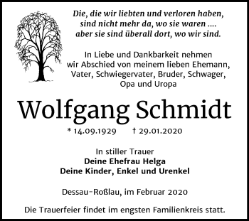 Traueranzeige von Wolfgang Schmidt von Mitteldeutsche Zeitung Dessau-Roßlau