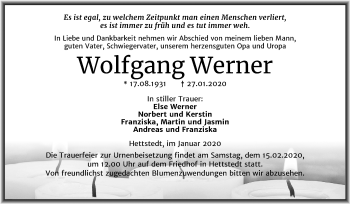 Traueranzeige von Wolfgang Werner von Mitteldeutsche Zeitung Mansfelder Land
