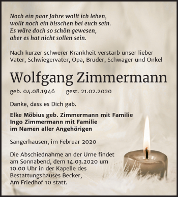 Traueranzeige von Wolfgang Zimmermann von Mitteldeutsche Zeitung Sangerhausen