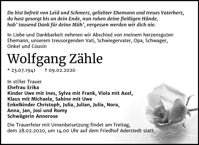  Traueranzeige für Wolfgang Zähle vom 15.02.2020 aus Super Sonntag Bernburg