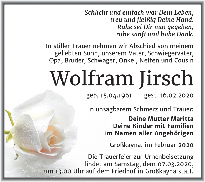  Traueranzeige für Wolfram Jirsch vom 22.02.2020 aus Super Sonntag Merseburg/Querfurt
