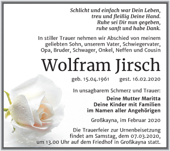 Traueranzeige von Wolfram Jirsch von Mitteldeutsche Zeitung Merseburg/Querfurt