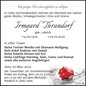 Traueranzeige von Irmgard Thrandorf von Mitteldeutsche Zeitung Zeitz