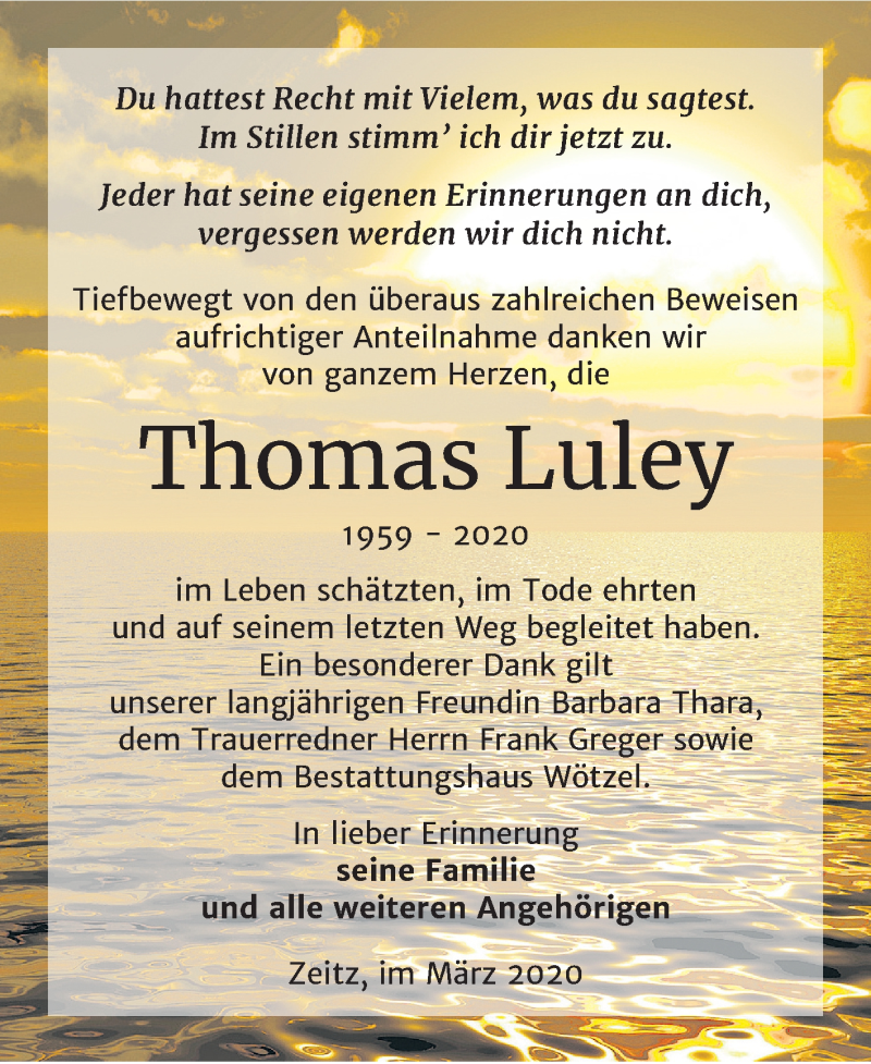  Traueranzeige für Thomas Luley vom 07.03.2020 aus Super Sonntag Zeitz